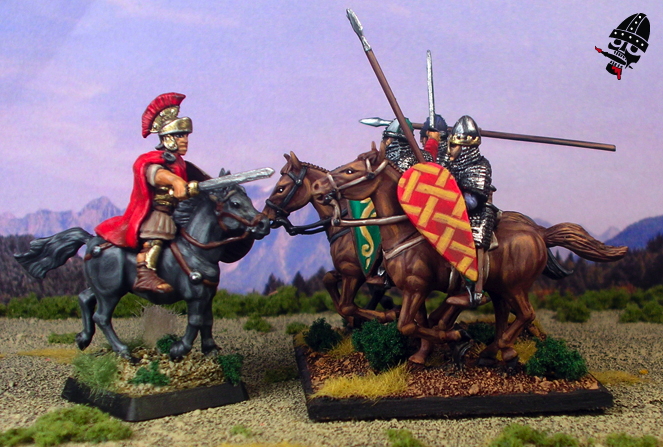 Plastic Norman Knights from Conquest Games face off against Roman Cavalry from Wargames Factory in a nice scale shot.