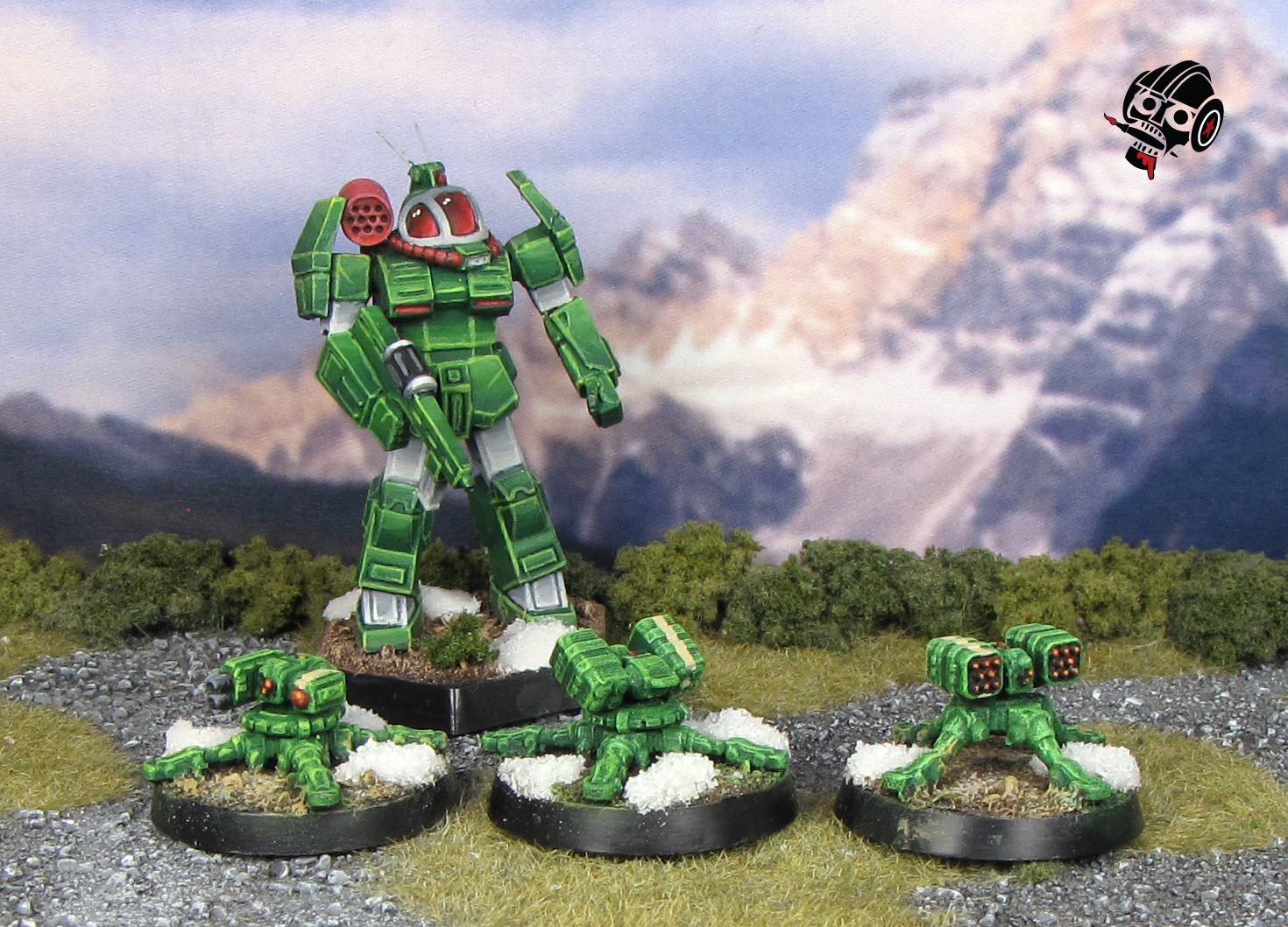 Battletech Clan Jade Falcon Wolf Aces Medium Heavy Emplacements from Catalyst Game Labs painted by Neldoreth - An Hour of Wolves & Shattered Shields