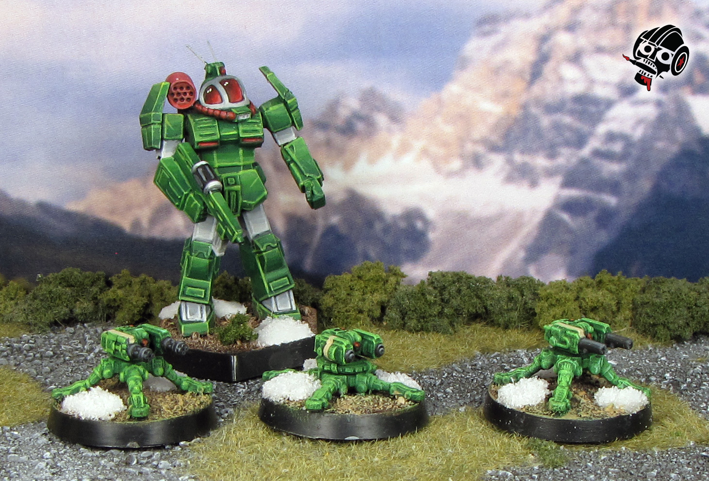 Battletech Clan Jade Falcon Wolf Aces Medium Heavy Emplacements from Catalyst Game Labs painted by Neldoreth - An Hour of Wolves & Shattered Shields
